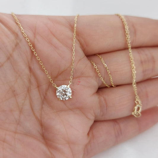 Round Diamond Necklace, 14k Yellow Gold, Dainty Minimalist Diamond Pendant, Real Diamond round Women's Necklace, Bridesmaid Necklace Gift.