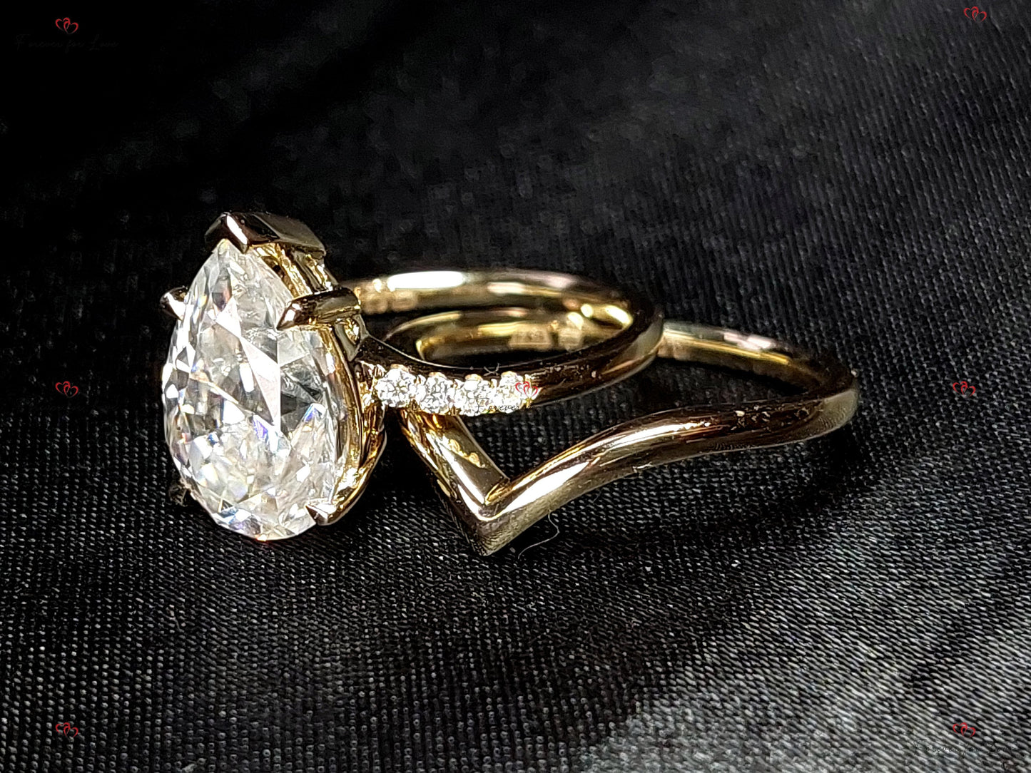 2 Ct Pear Moissanite Hidden Halo with Pavé Band Engagement Ring Pear cut Moissanite Brilliant Cut engagement ring in 935 Argentium Silver — custom handcrafted by Forever For Love