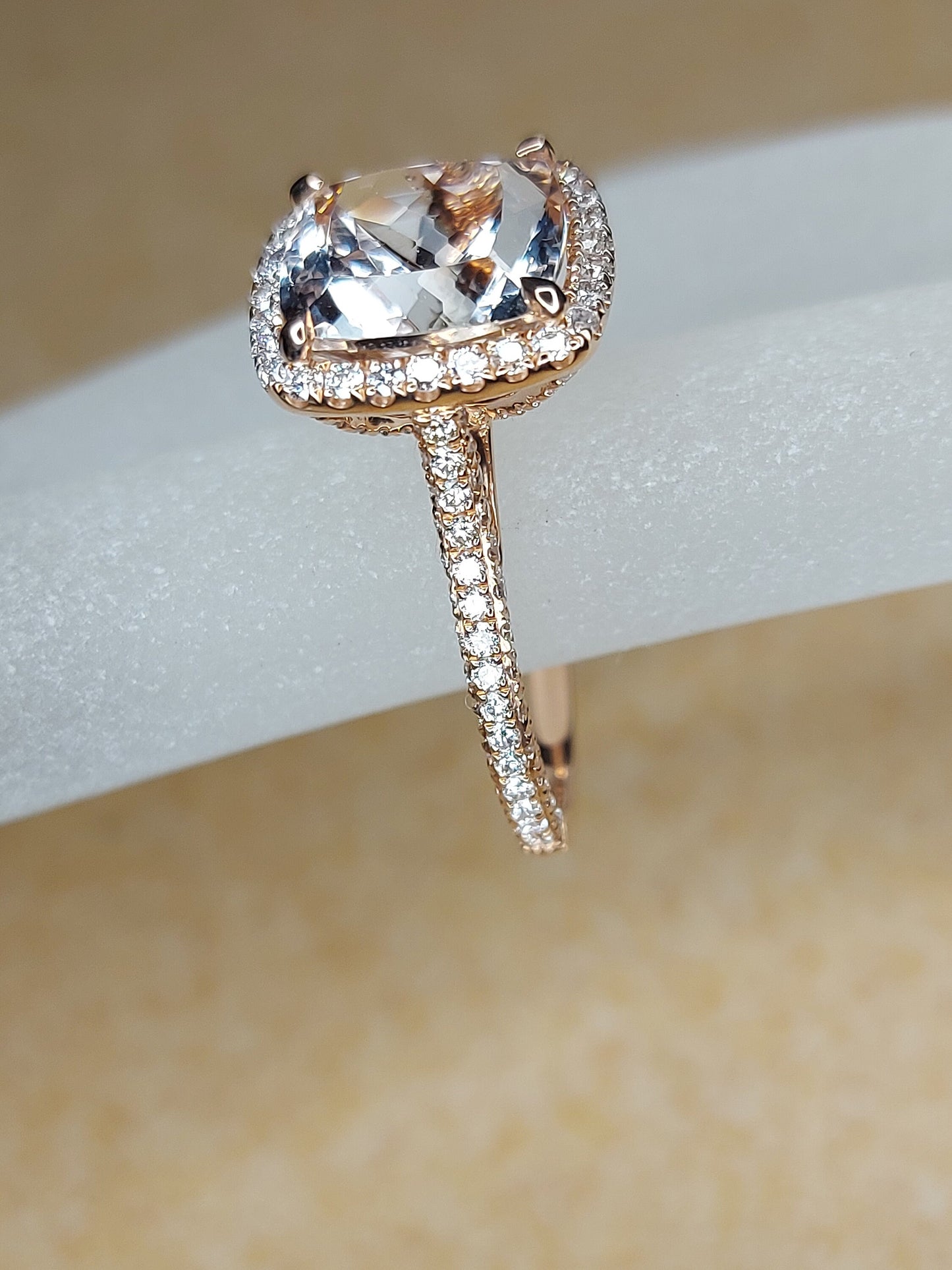 Cushion Cut Halo 4 Ct Morganite and Natural Diamond Engagement Ring, Solid Rose Gold Bridal Women Ring Anniversary Gift. Cushion cut Moissanite engagement ring in Gold or Platinum — custom handcrafted by Forever For Love