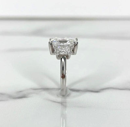 5 Carat E Color VVS2 Clarity IGI Certified Radiant Cut Three Stone Lab Grown Diamond Engagement Ring, Side Trapezoids 14k White Gold