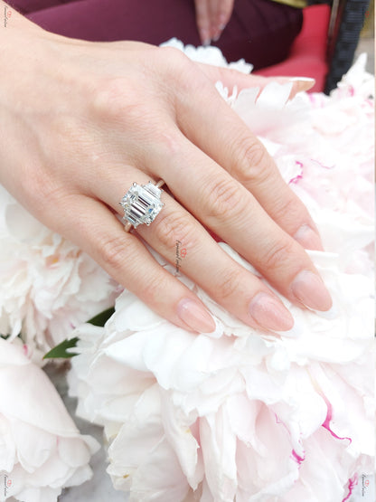 Emerald Moissanite Three Stone Engagement Ring