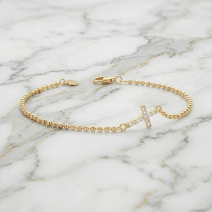 14k Gold Diamant Kleines Armband, Zartes Kreuzarmband, Massive Kugelkette, Christlicher Schmuck, Massivgold, Zartes Armband, Geschenk für Sie