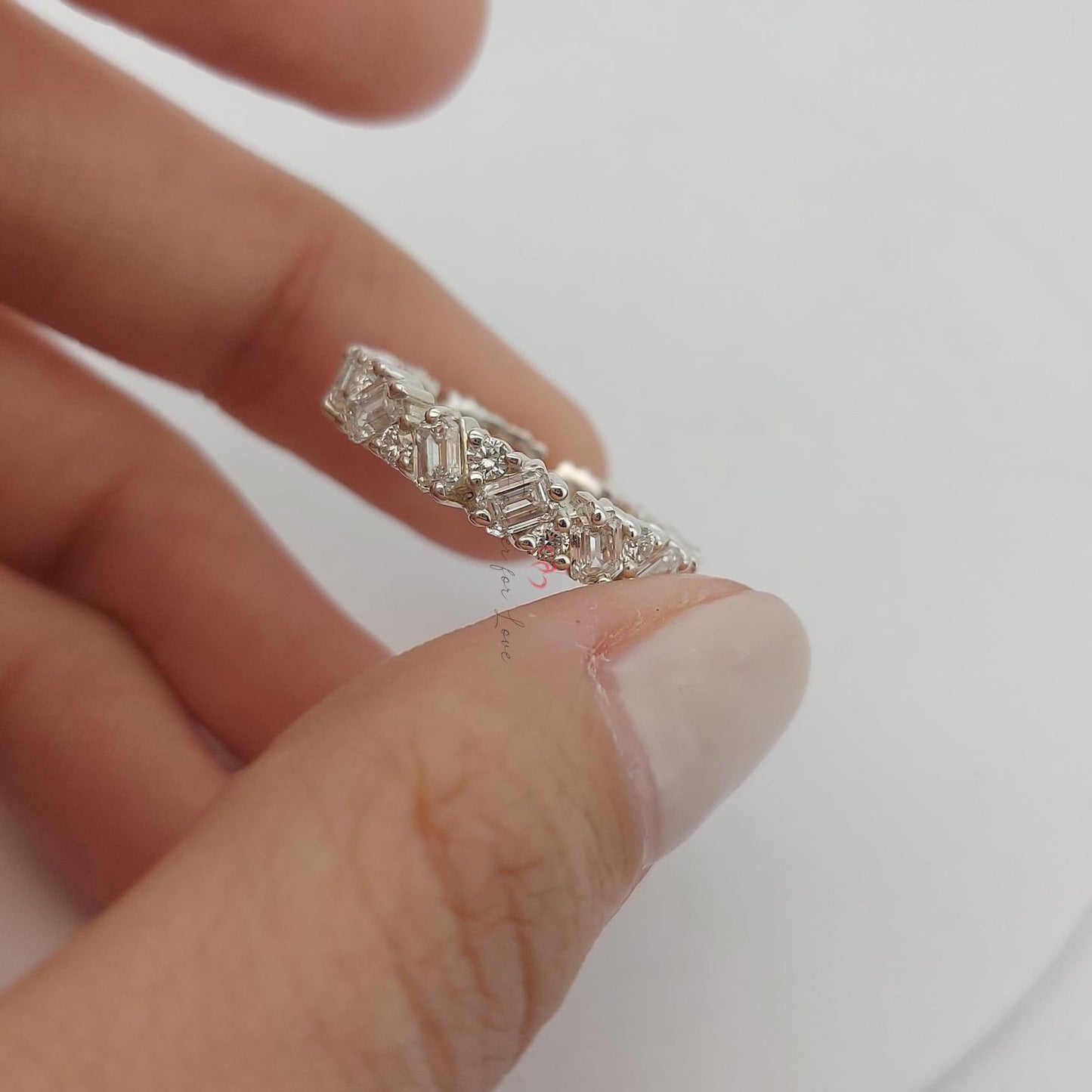 Bague Alliance Éternité complète Diamants Baguette Baguette cut Moissanite taille brillant engagement ring in Gold or Platinum — custom handcrafted by Forever For Love