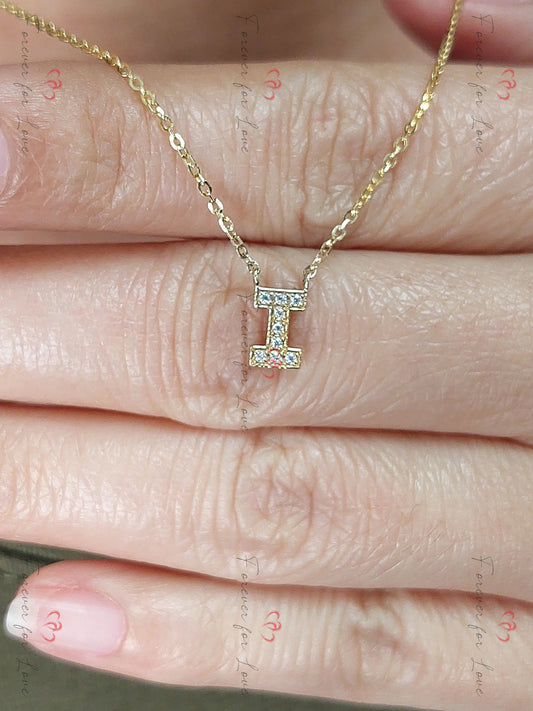 Initial necklace, 14k Yellow Gold, Dainty Minimalist Diamond Pendant, Real Diamond letters Women's Necklace, Birthday Gift for her.