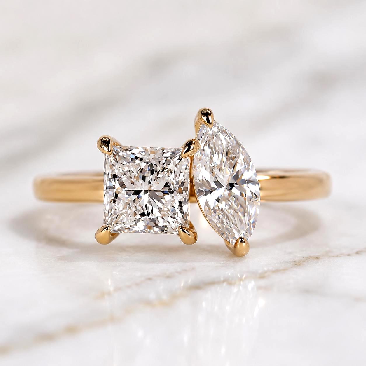 14k Yellow Gold Toi Et Moi Ring Lab Grown Diamond Engagement Ring Princess and Marquise cut Diamond Ring Unique Anniversary Gift for Wife