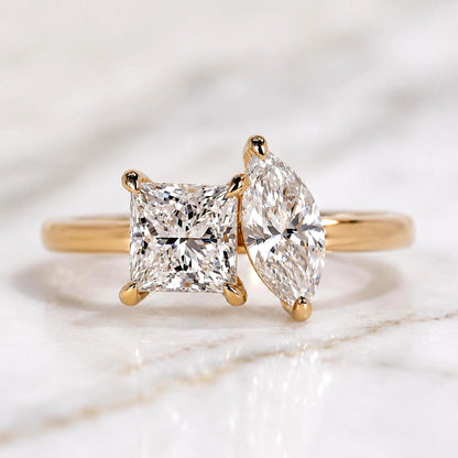 14k Yellow Gold Toi Et Moi Ring Lab Grown Diamond Engagement Ring Princess and Marquise cut Diamond Ring Unique Anniversary Gift for Wife