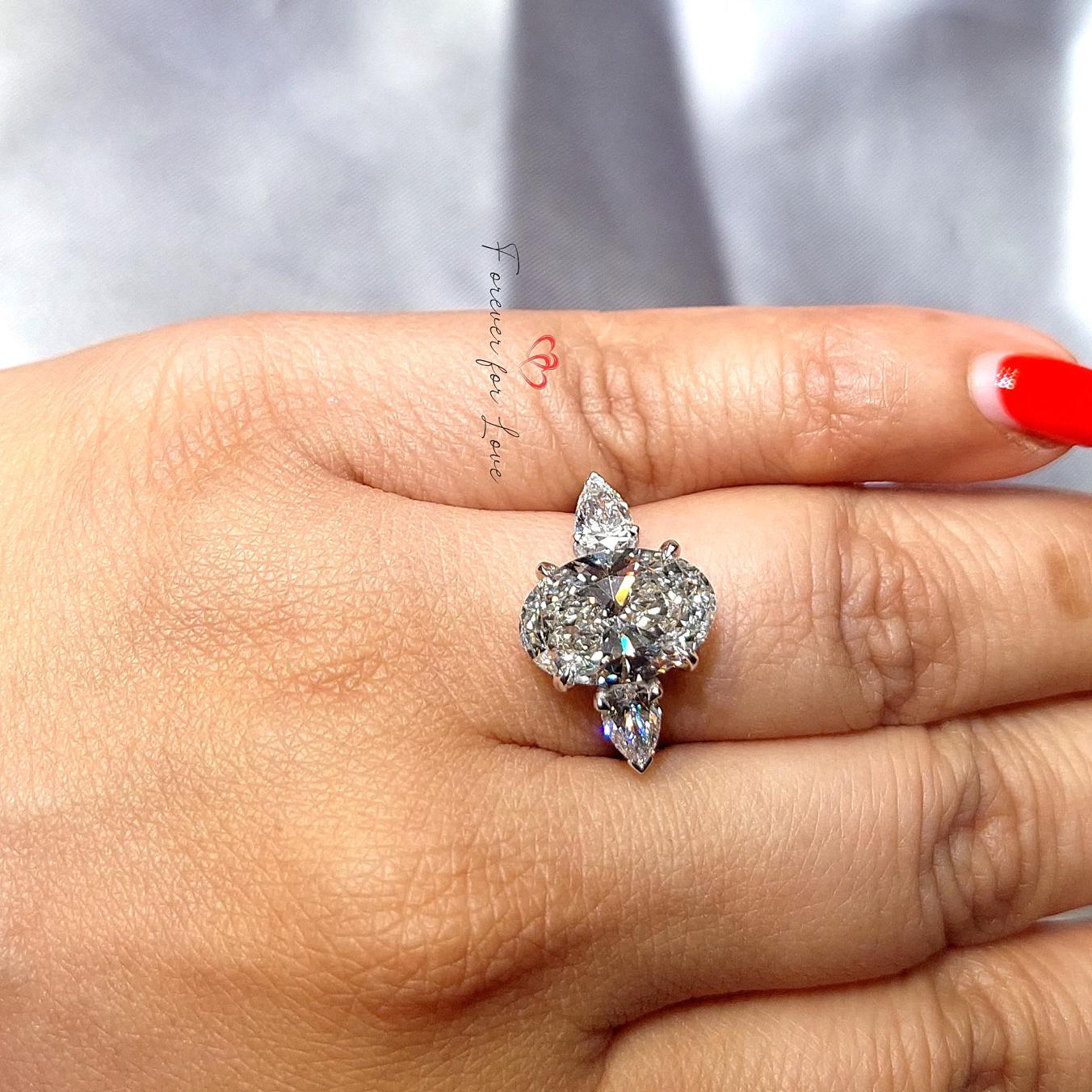 4 Ct IGI Certified Oval Lab Diamond Three Stone Engagement Ring Oval cut Moissanite engagement ring in Gold or Platinum — custom handcrafted by Forever For Love