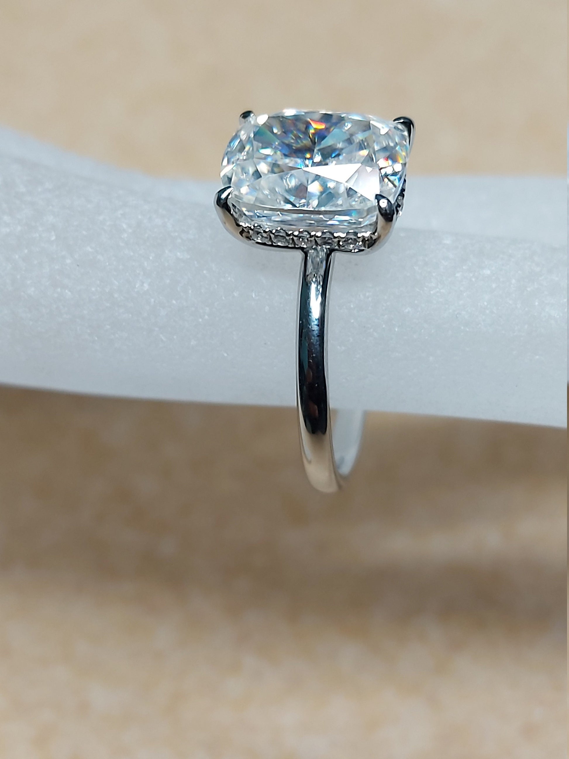 5 Ct Cushion Natural Diamond, Moissanite Hidden Halo Engagement Ring