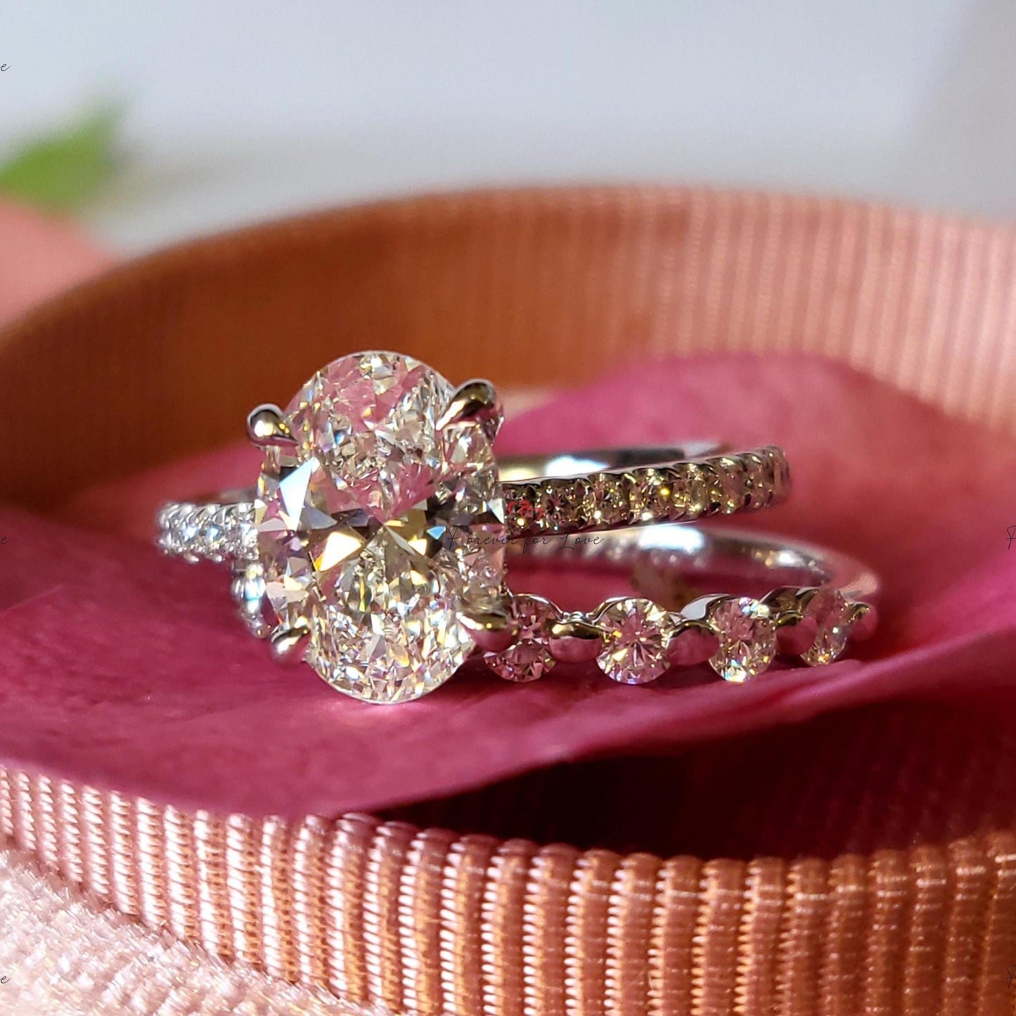 3 Ct Oval Lab Diamond with Side Stones Bridal Set Oval cut Moissanite Brilliant Cut engagement ring in 935 Argentium Silver — custom handcrafted by Forever For Love