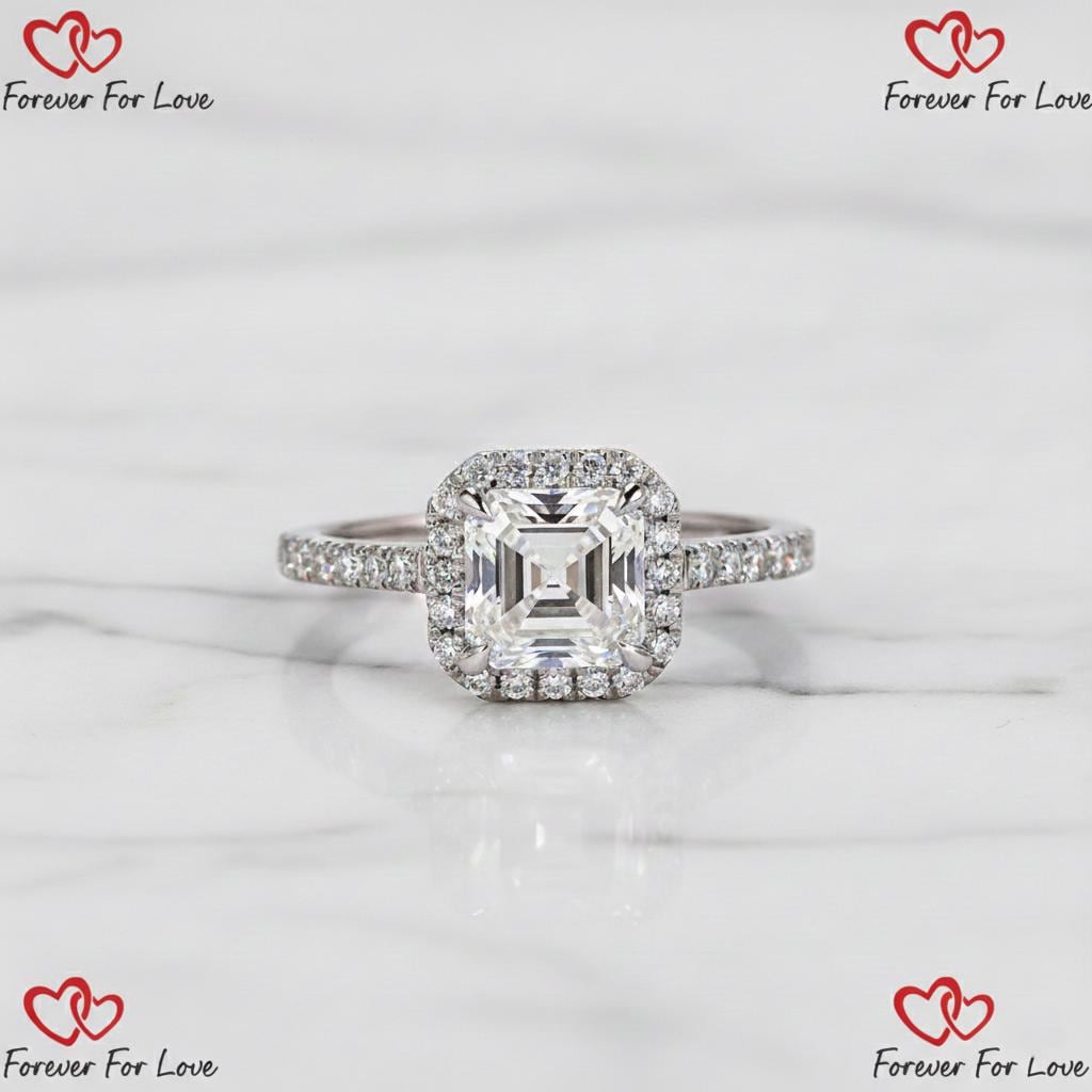 Bague de fiançailles auréole avec diamant de laboratoire Asscher 1,5 carat Asscher cut 1Ct Moissanite taille brillant engagement ring in Gold or Platinum — custom handcrafted by Forever For Love