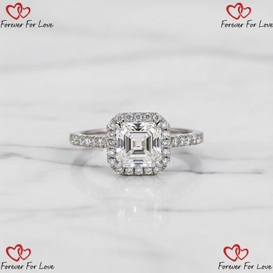 1.5 Ct Asscher Lab Diamond Halo Engagement Ring