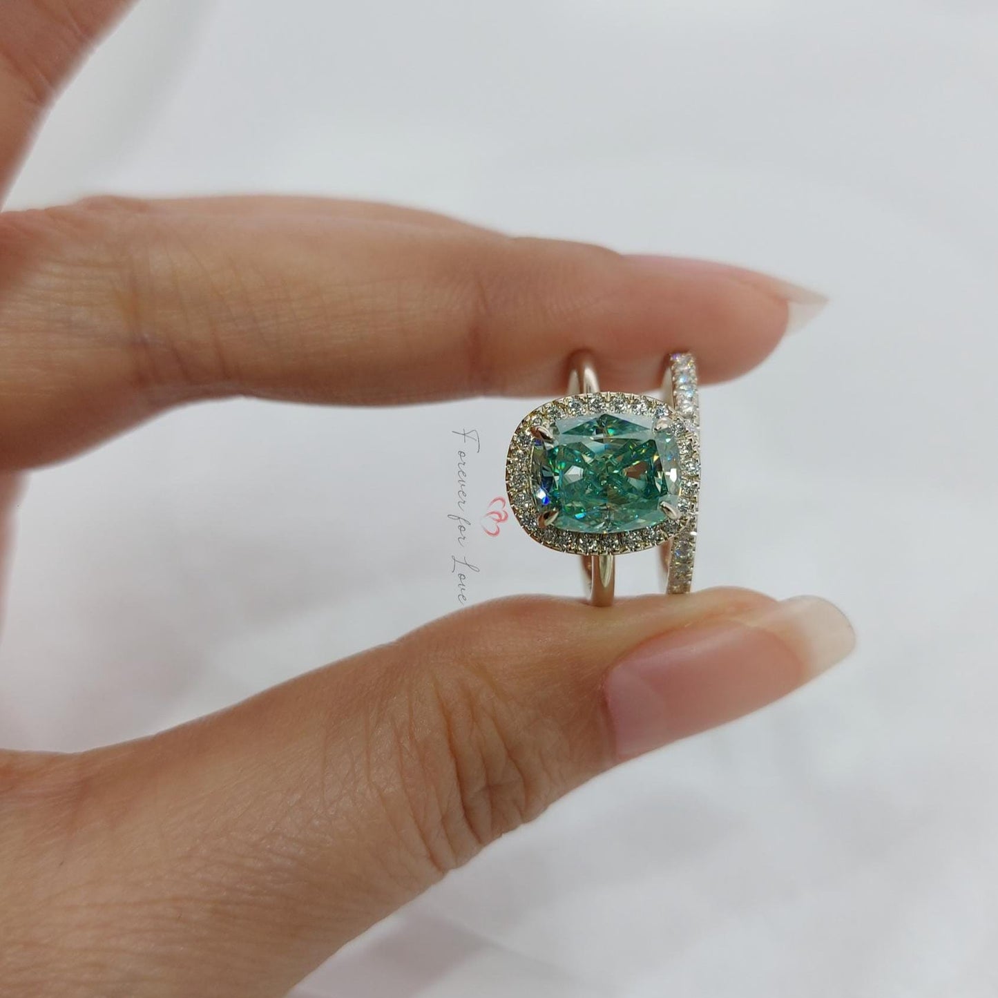 Bague de Fiançailles Solitaire 3 Carats Coussin Pierre Précieuse Cushion cut Moissanite taille brillant engagement ring in Gold or Platinum — custom handcrafted by Forever For Love