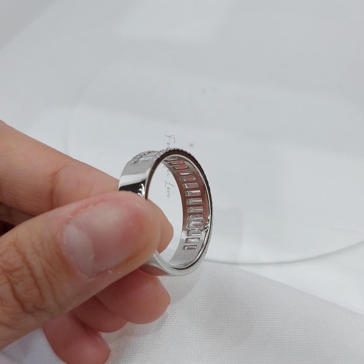 3.5 Ct Baguette & Round Lab Diamond Eternity Band Baguette cut Moissanite Brilliant Cut engagement ring in 935 Argentium Silver — custom handcrafted by Forever For Love
