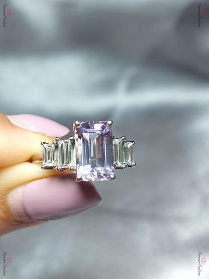 Amethyst and Natural Baguette Diamond Vintage Engagement Ring Platinum Diamond Wedding Bridal Art Deco Anniversary Proposal Gift for her.
