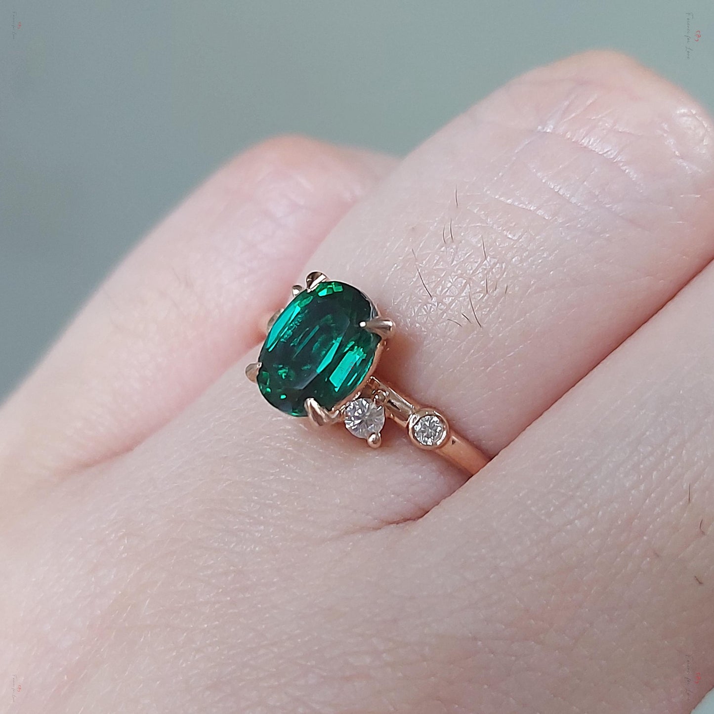 Bague de fiançailles ovale diamant et grappe d'émeraudes Oval cut Moissanite engagement ring in Gold or Platinum — custom handcrafted by Forever For Love