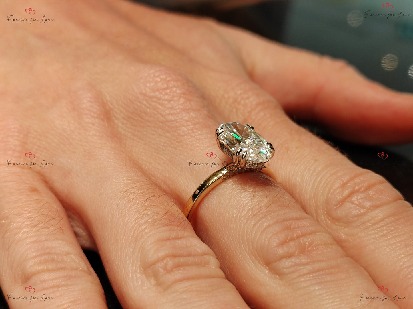 4.5 Ct Oval Diamond Moissanite Hidden Halo Solitaire Engagement Ring Oval cut 1Ct Moissanite Brilliant Cut engagement ring in 935 Argentium Silver — custom handcrafted by Forever For Love