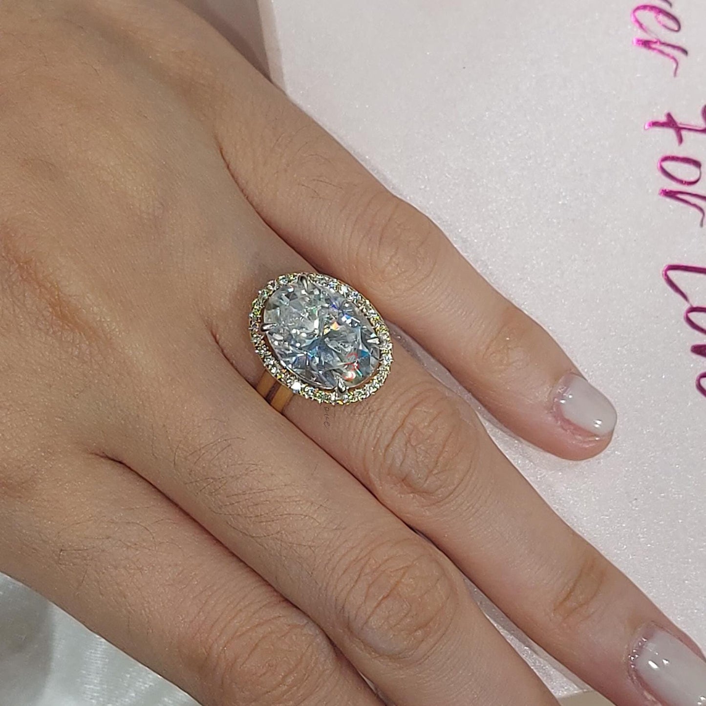 14K Yellow Gold Oval Moissanite Halo Wedding Ring, 4.8 Carat Oval cut 1Ct Moissanite Brilliant Cut engagement ring in 935 Argentium Silver — custom handcrafted by Forever For Love