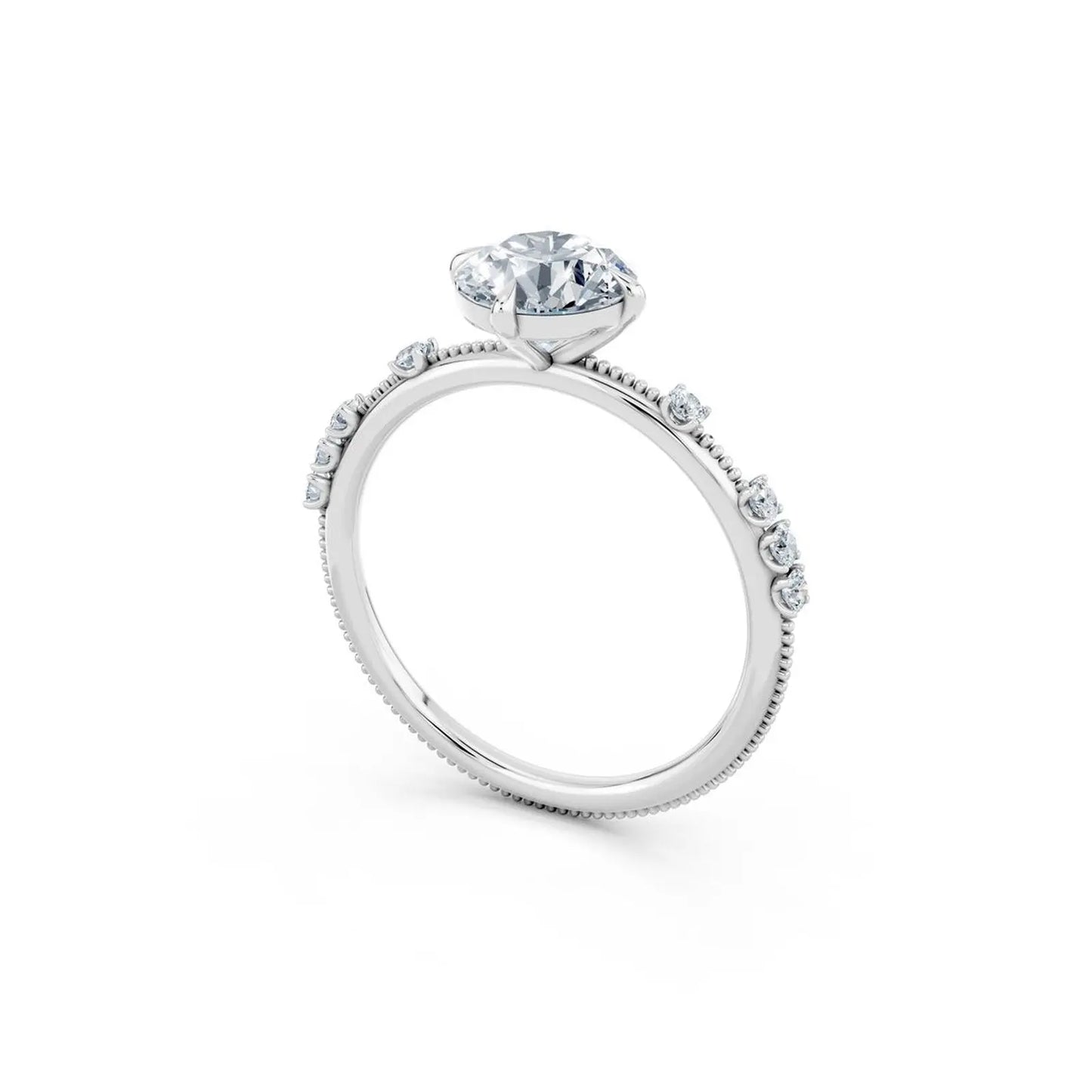 Vintage Oval Cut Diamond Engagement Ring with Milgrain and Diamond Accents - Round