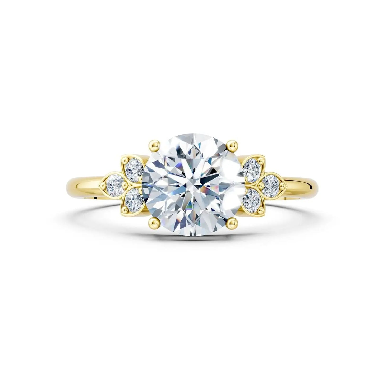 Floral Round Diamond Engagement Ring with Leaf Accents - Round