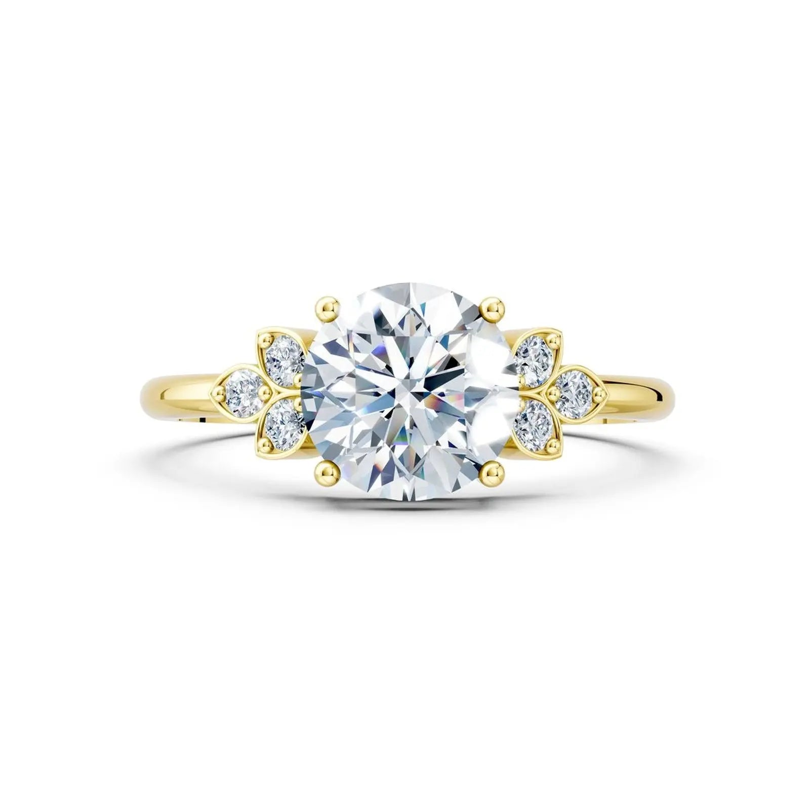 Floral Round Diamond Engagement Ring with Leaf Accents - Round
