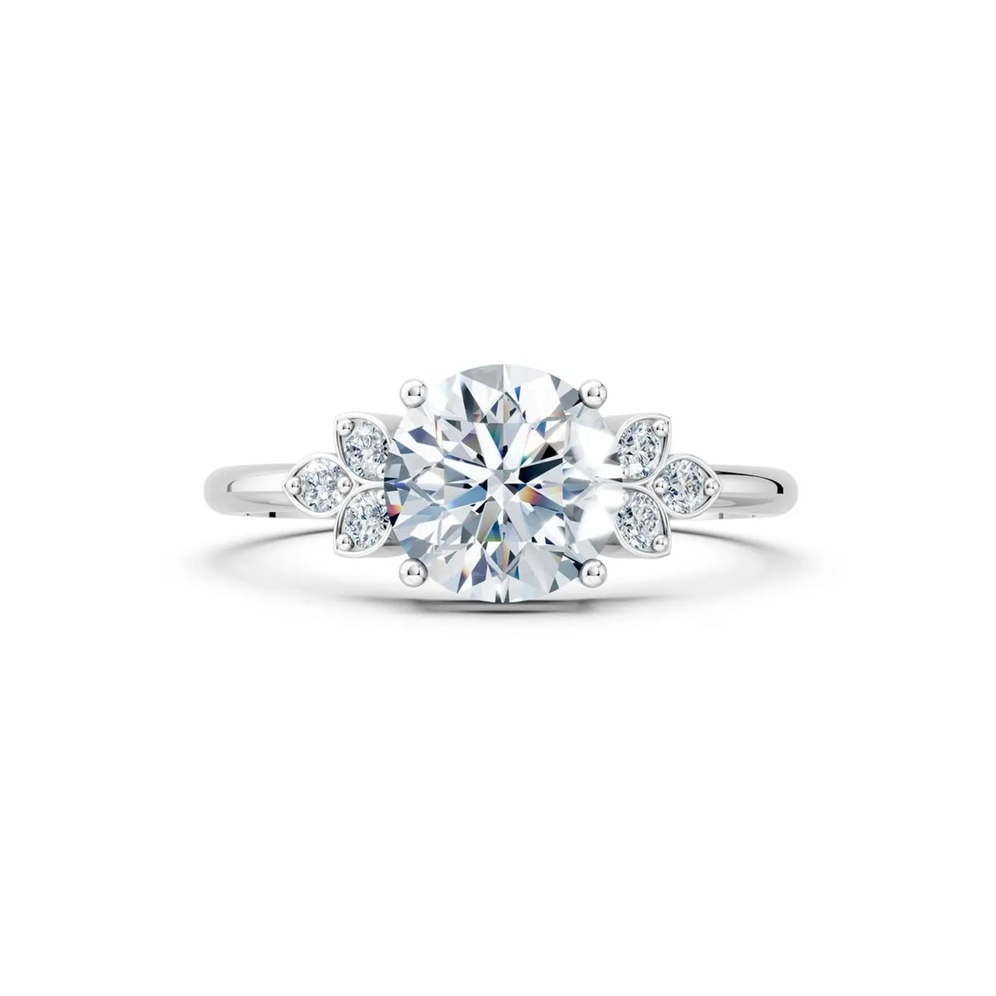 Floral Round Diamond Engagement Ring with Leaf Accents - Round
