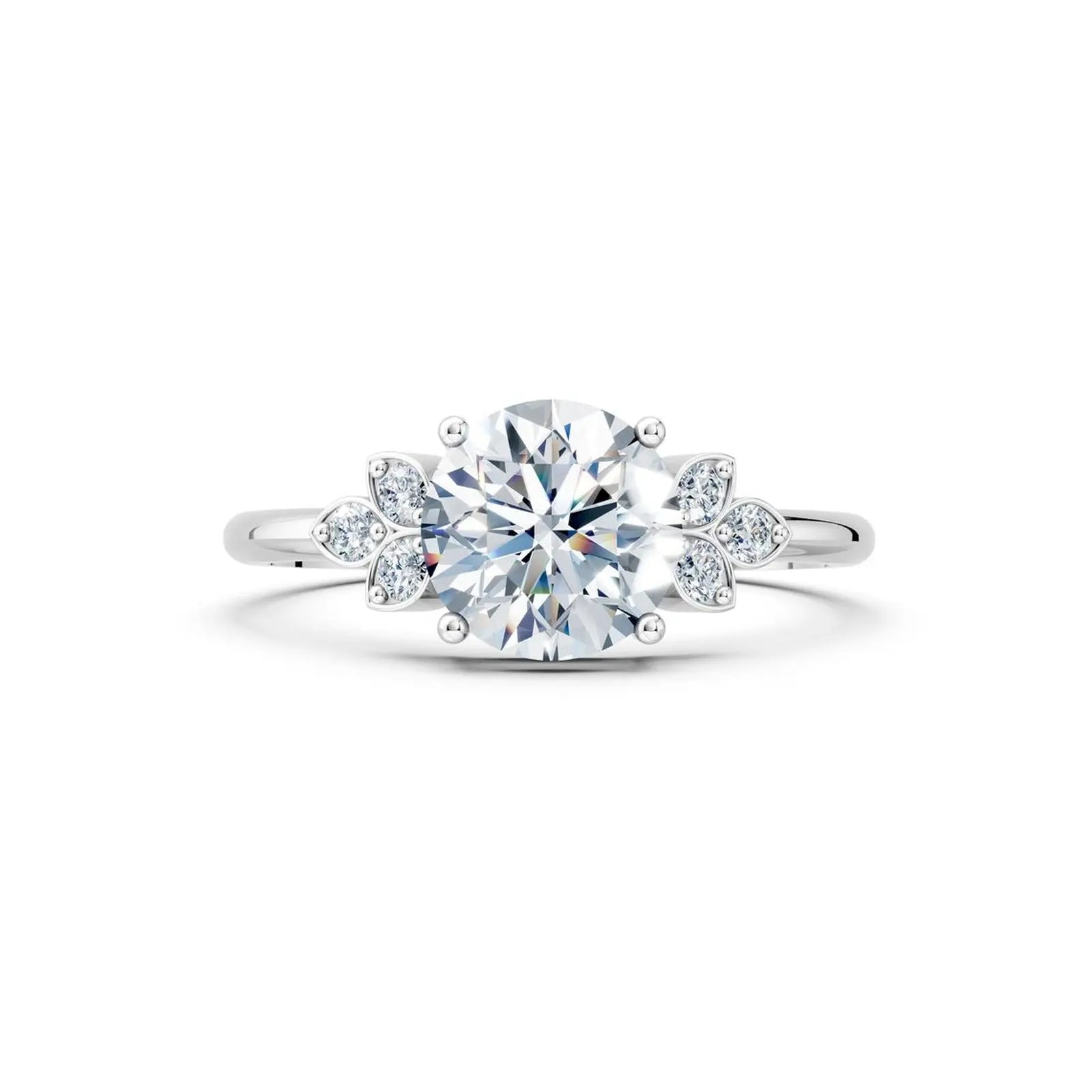 Floral Round Diamond Engagement Ring with Leaf Accents - Round