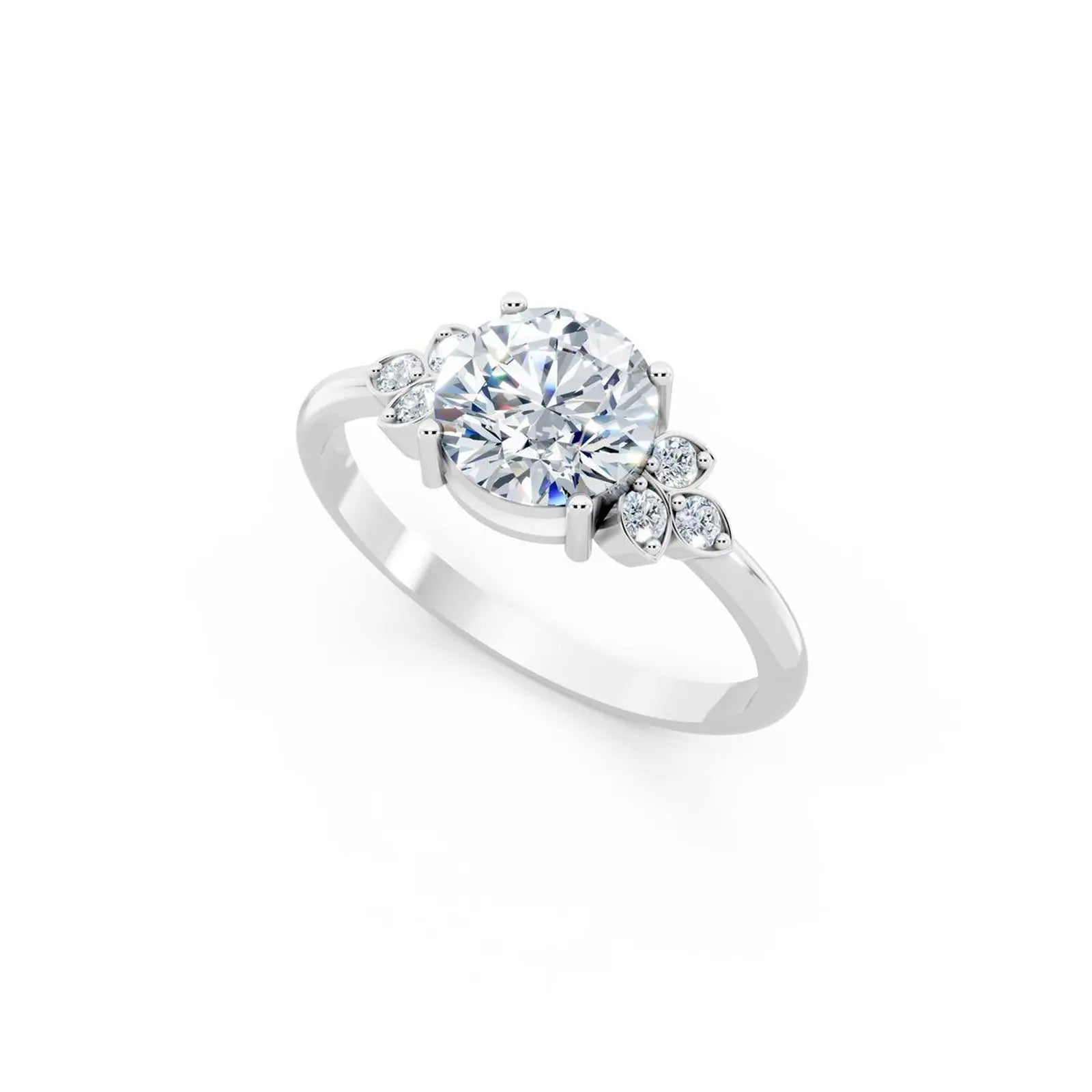 Floral Round Diamond Engagement Ring with Leaf Accents - Round