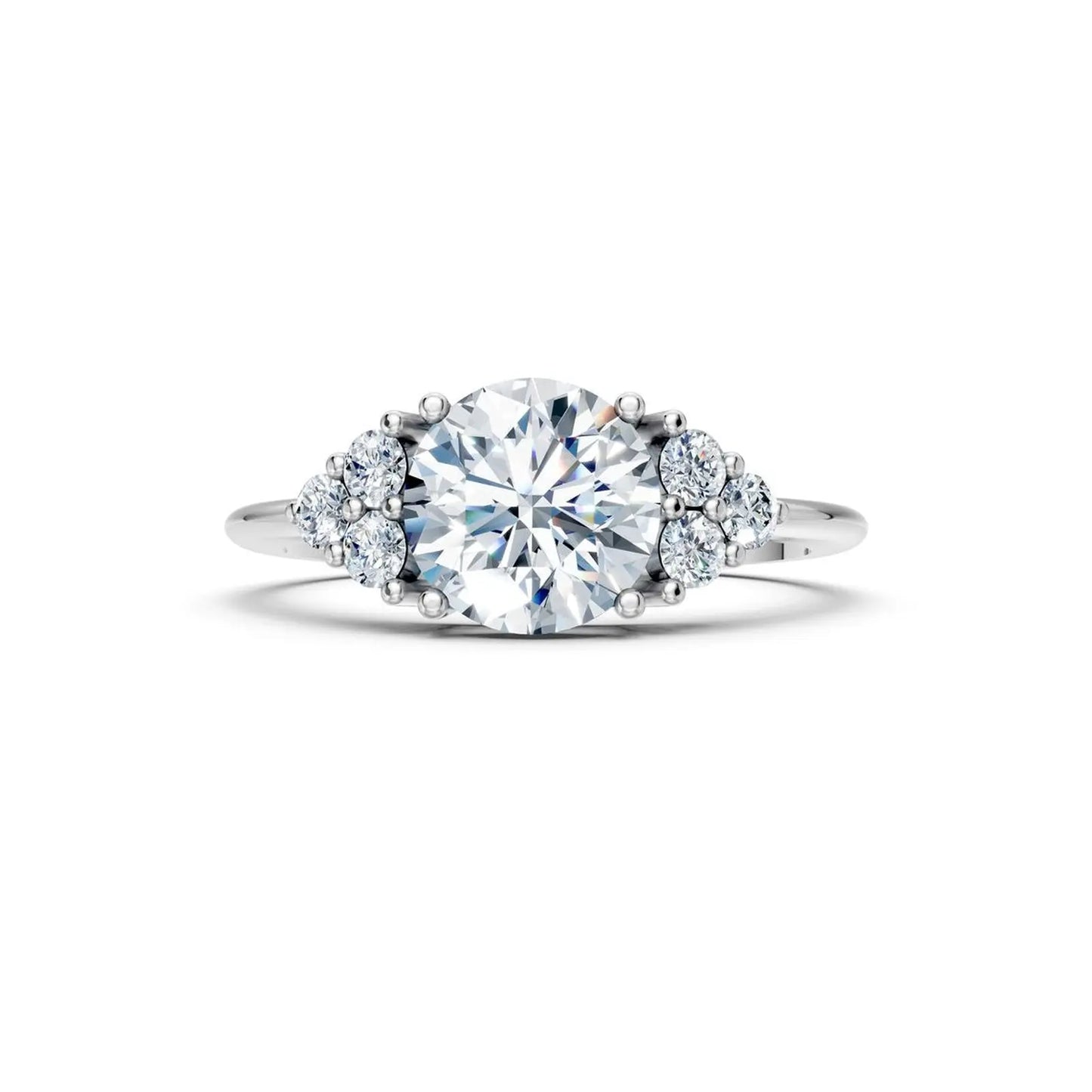 Round Diamond Engagement Ring with Side Clusters - Round