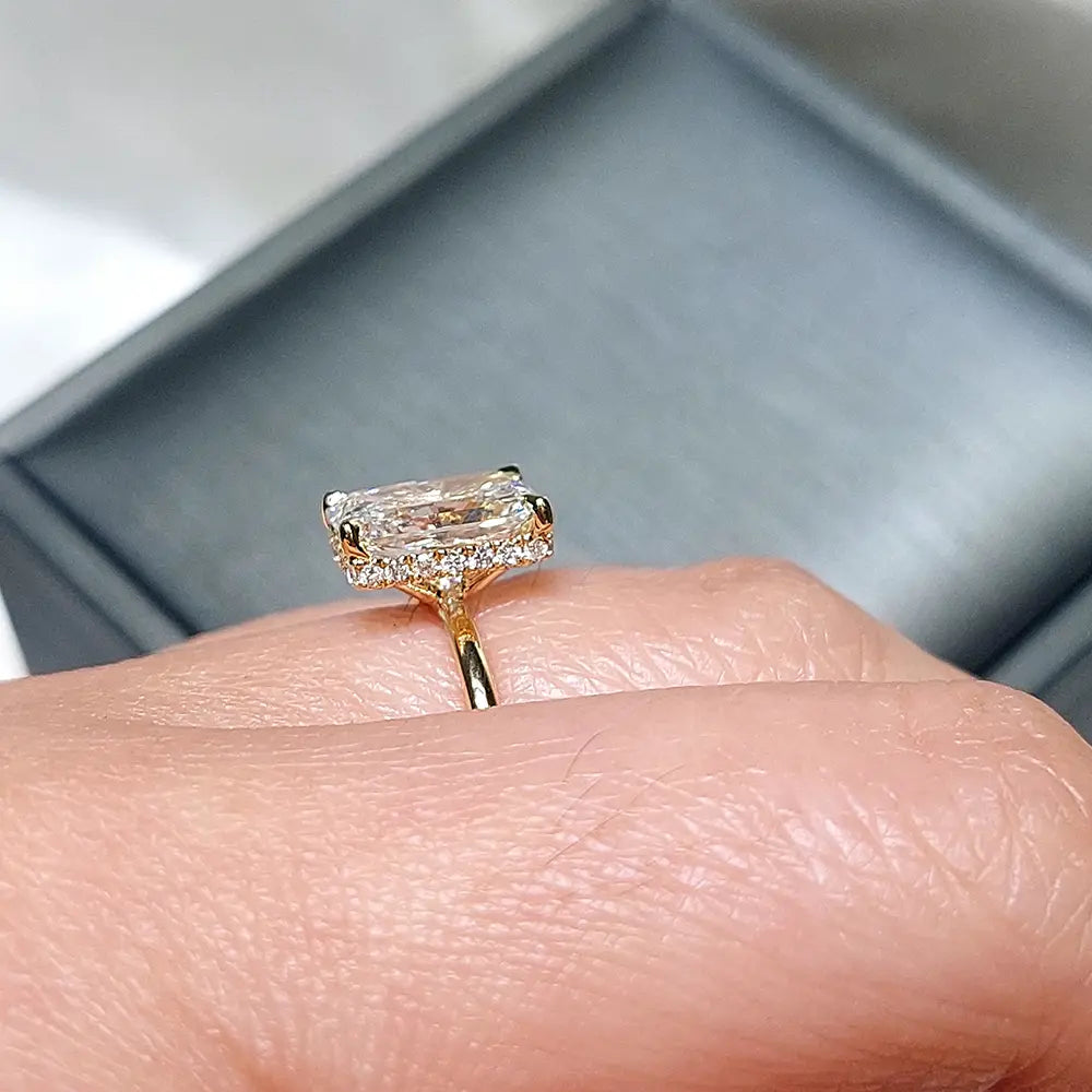 Hidden Halo Radiant Cut 5ct Moissanite or Diamond Engagement Ring Yellow Gold