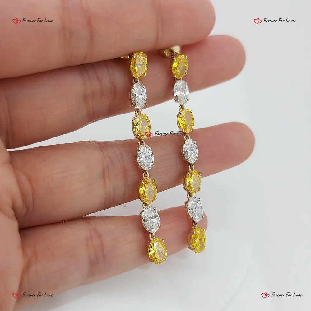 Yellow & White Lab Diamond Dangle Earrings – 7 Carat Oval Cut Forever For Love