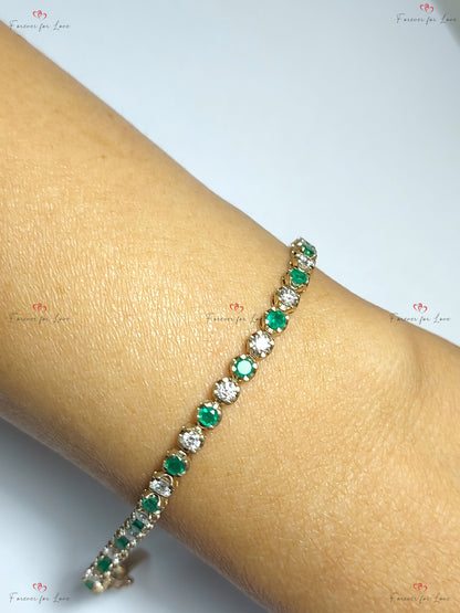 Smaragd- und Diamantarmband / 14k Gold Lünettenfassung Wechselndes Diamant- und Smaragd-Tennisarmband / Jubiläumsgeschenk / Geburtsstein Mai