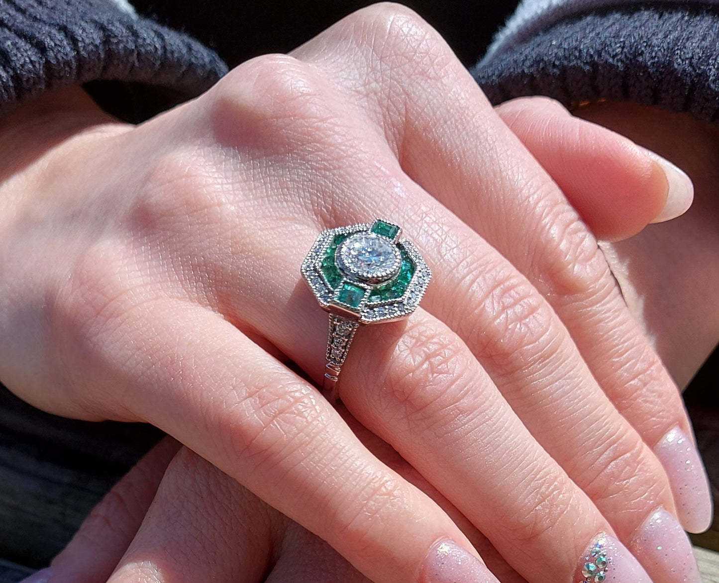 Emerald Halo Engagement Ring Round cut 1Ct Natural Emerald engagement ring in 935 Argentium Silver — custom handcrafted by Forever For Love