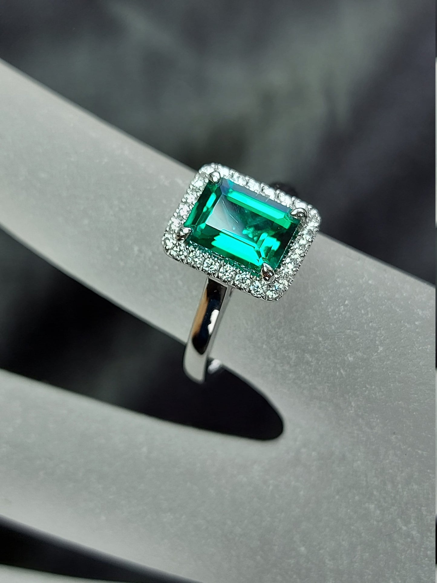 1.5 Ct Emerald with Emerald Halo Engagement Ring Emerald Cut cut 1Ct Natural Emerald engagement ring in 935 Argentium Silver — custom handcrafted by Forever For Love