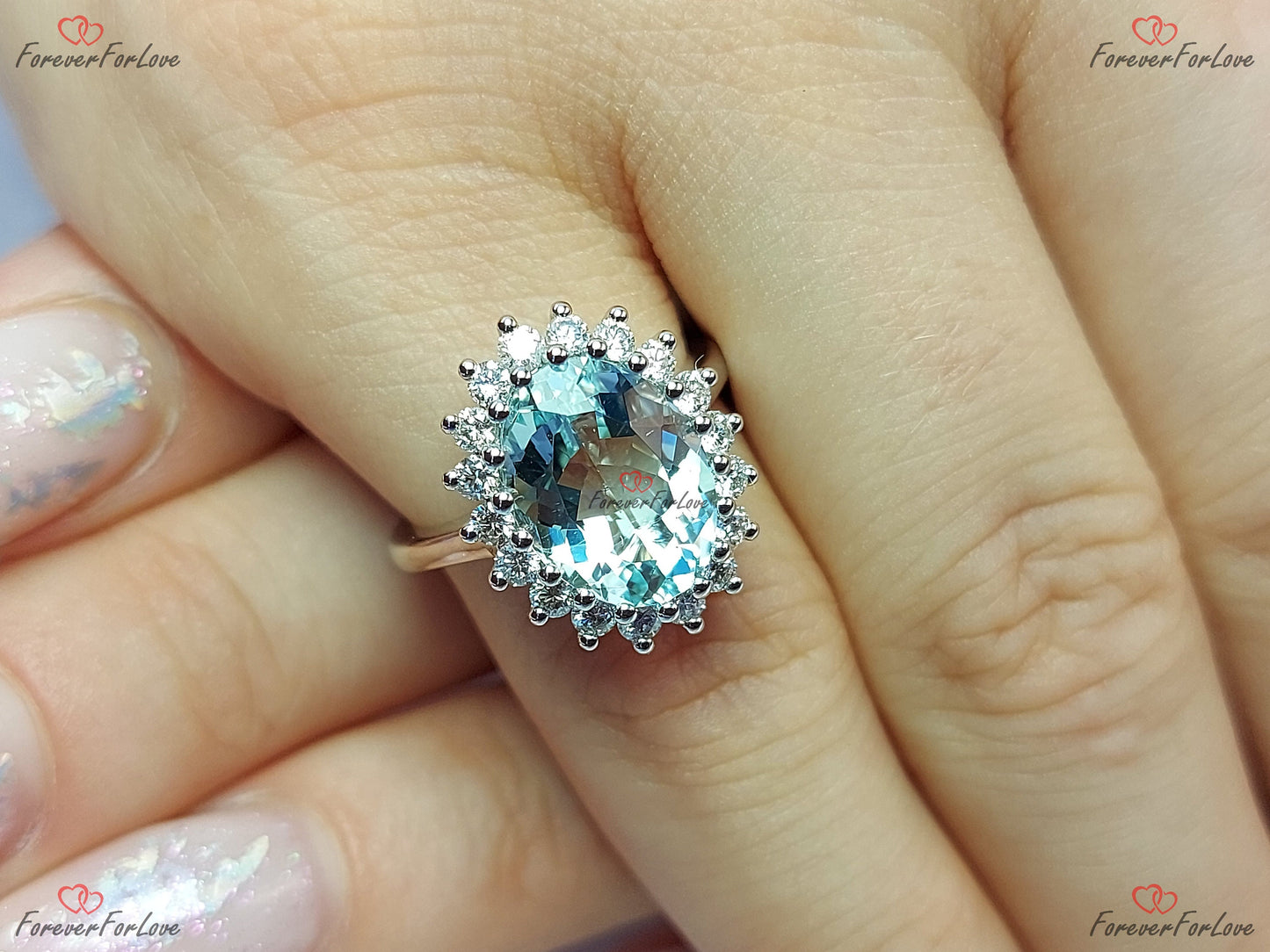 3.5 Ct Diamond and Natural Aquamarine Halo Engagement Ring Oval cut 1Ct Natural Aquamarine engagement ring in 935 Argentium Silver — custom handcrafted by Forever For Love