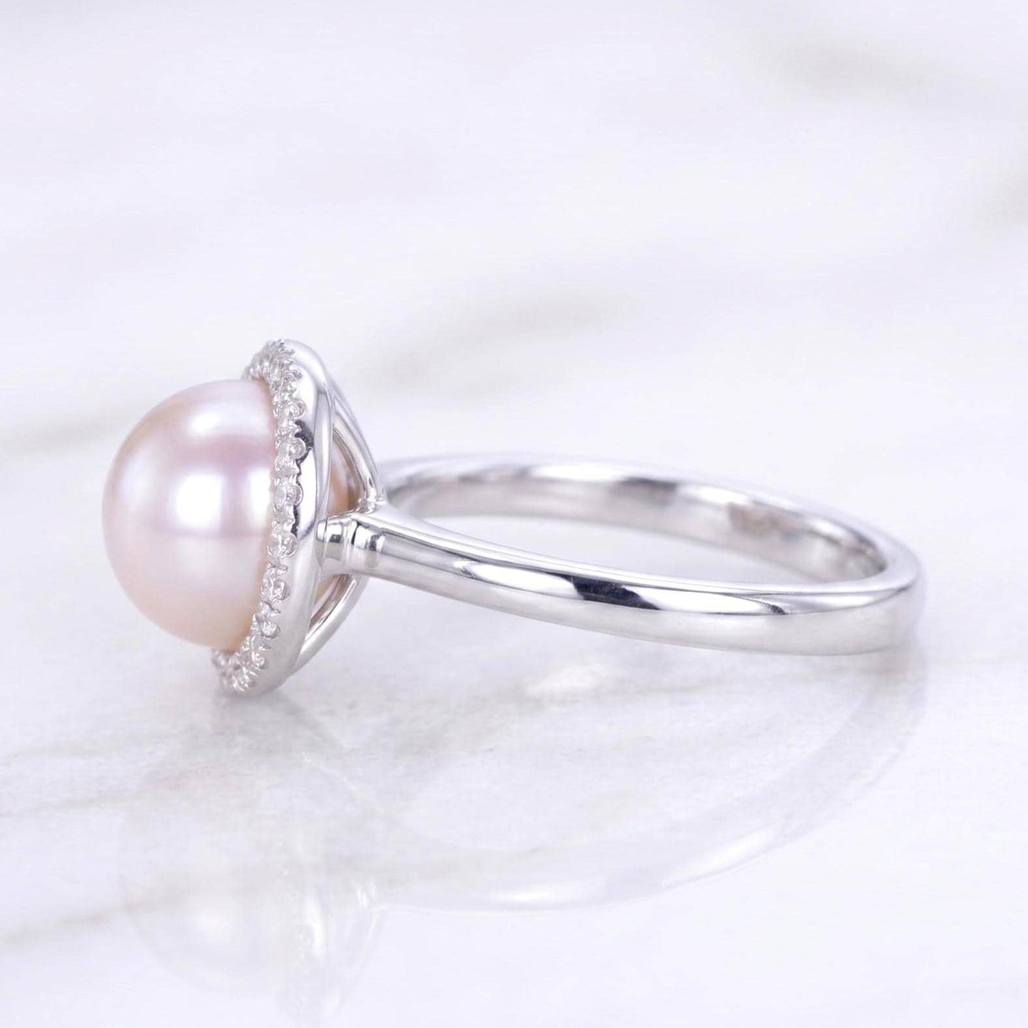 Dainty Pearl and Diamond Ring, 14K Solid Gold Ring for Women, Stacking Ring / Natural Pearl, Round Diamond side stones, Perfect gift Pear cut 1Ct Moissanite Brilliant Cut engagement ring in 935 Argentium Silver — custom handcrafted by Forever For Love