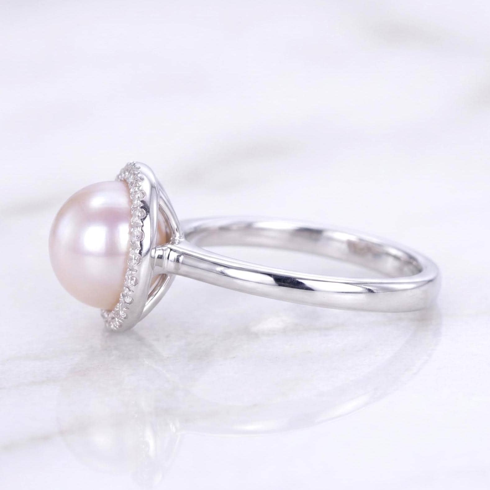 Dainty Pearl and Diamond Ring, 14K Solid Gold Ring for Women, Stacking Ring / Natural Pearl, Round Diamond side stones, Perfect gift