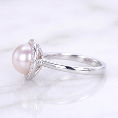 Dainty Pearl and Diamond Ring, 14K Solid Gold Ring for Women, Stacking Ring / Natural Pearl, Round Diamond side stones, Perfect gift