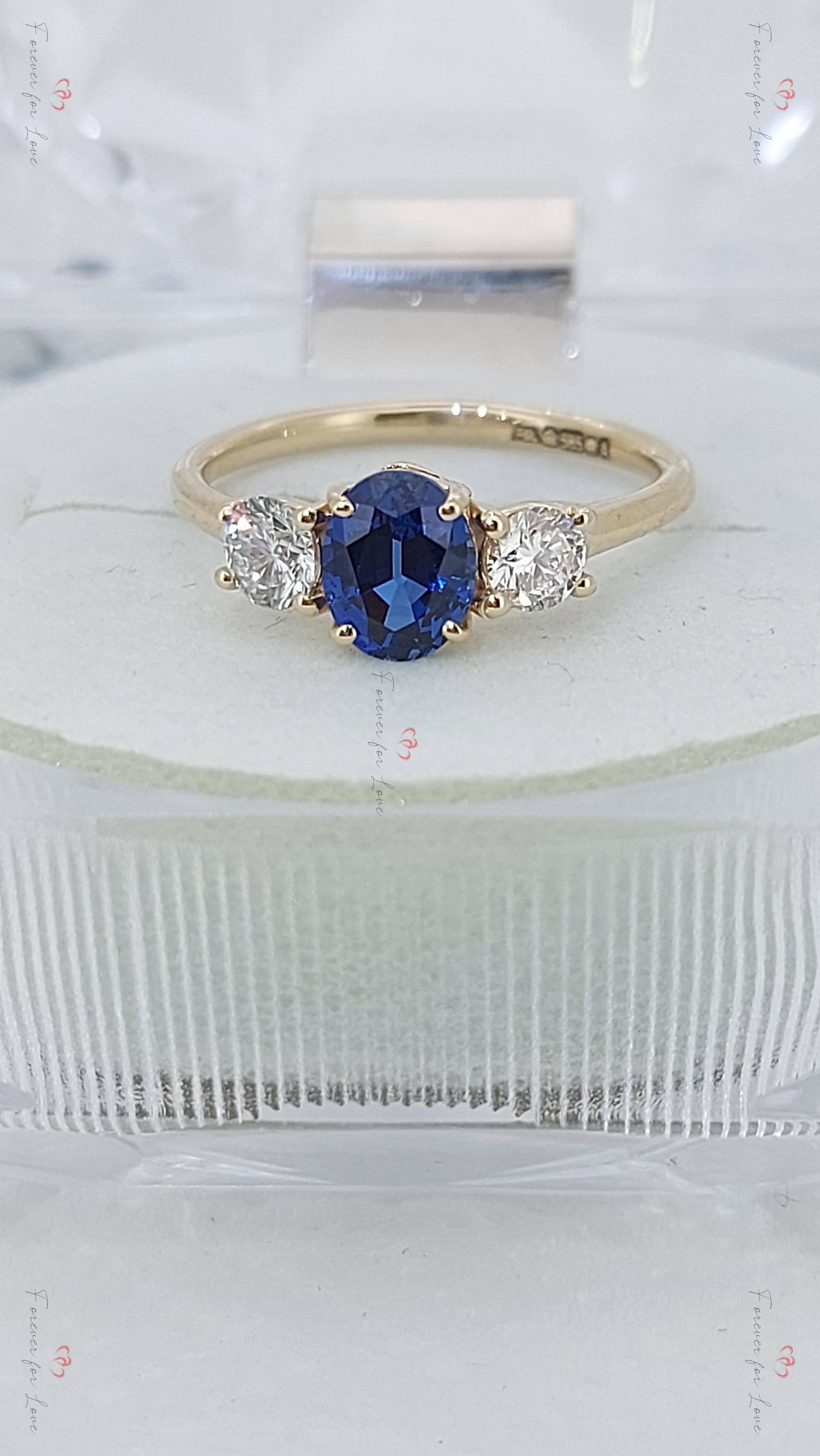 Round Blue Lab Diamond, Sapphire Three Stone Ring