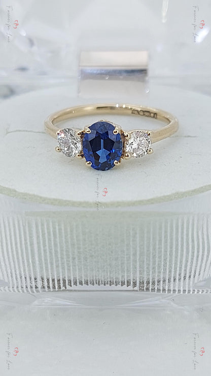 Round Blue Lab Diamond, Sapphire Three Stone Ring