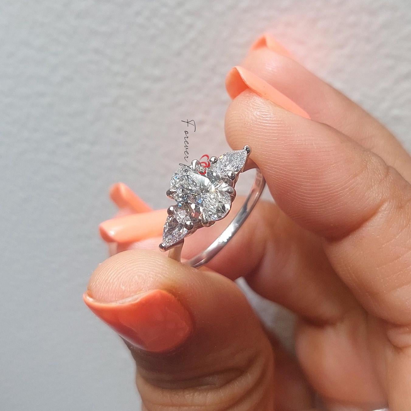 2 Ct Oval Lab Diamond Three Stone Trilogy Engagement Ring Oval cut Moissanite engagement ring in Gold or Platinum — custom handcrafted by Forever For Love