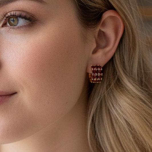 Garnet Hoop Earrings Huggies, 14k Gold red Huggie Earrings Tiny Hoop Earrings with Red Color Stones, Unique Women Gift