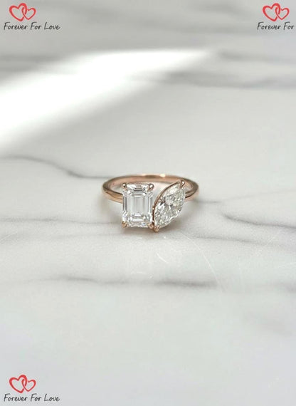 3 carat E/VVS2 IGI CERTIFIED Marquise + Emerald Cut Two Stone Lab Diamond Engagement Ring, 14k Rose gold, Toi et Moi Ring, Perfect gift