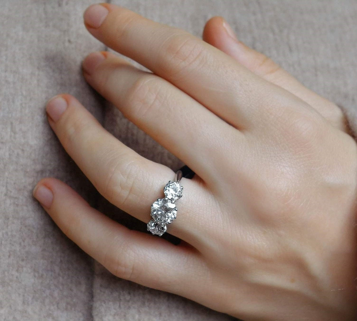 1 Ct Round Natural Diamond Three Stone Engagement Ring Round cut Moissanite engagement ring in Gold or Platinum — custom handcrafted by Forever For Love