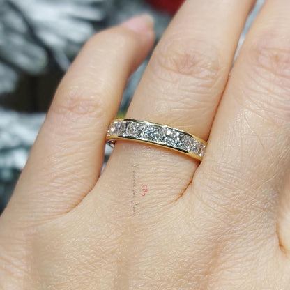 Princess Cut Diamond Half Eternity Ring 2.1 mm 18k 14k natural Wedding Band Channel Setting. Yellow Rose White Gold Platinum certified.