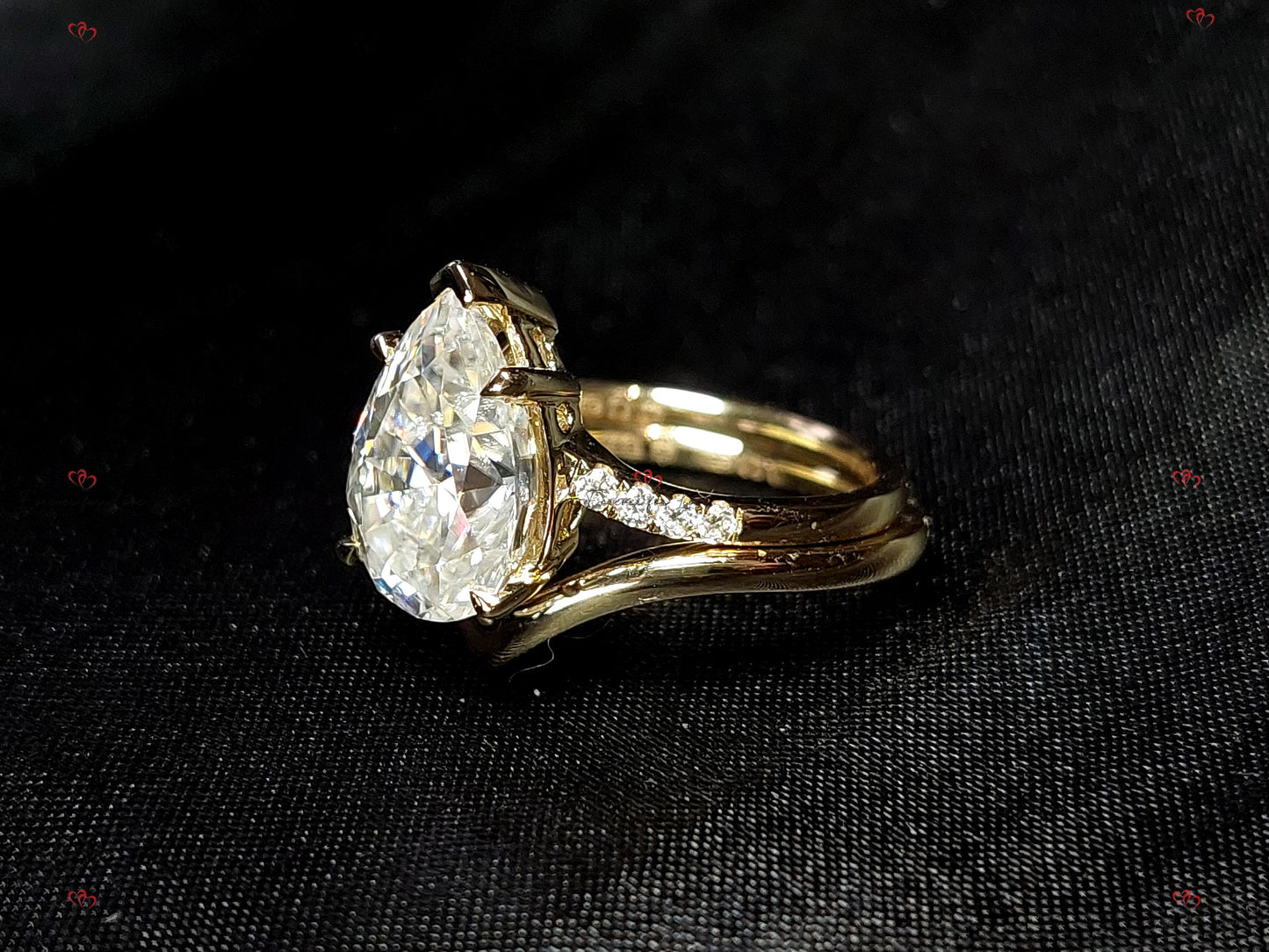2 Ct Pear Moissanite Hidden Halo with Pavé Band Engagement Ring Pear cut Moissanite Brilliant Cut engagement ring in 935 Argentium Silver — custom handcrafted by Forever For Love