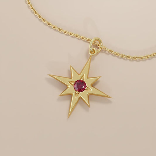 Ruby North Star Pendant, 14k Solid Gold Celestial Necklace, Dainty Birthstone Star Charm, Minimalist Gift for Her, Star Jewelry Gifts