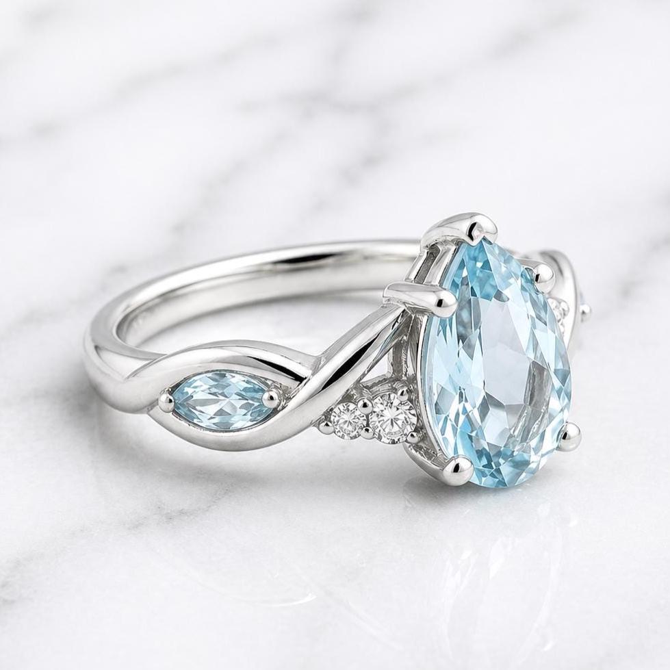 2 Ct Pear Lab Diamond, Aquamarine Engagement Ring Pear cut 1Ct Natural Aquamarine engagement ring in 935 Argentium Silver — custom handcrafted by Forever For Love