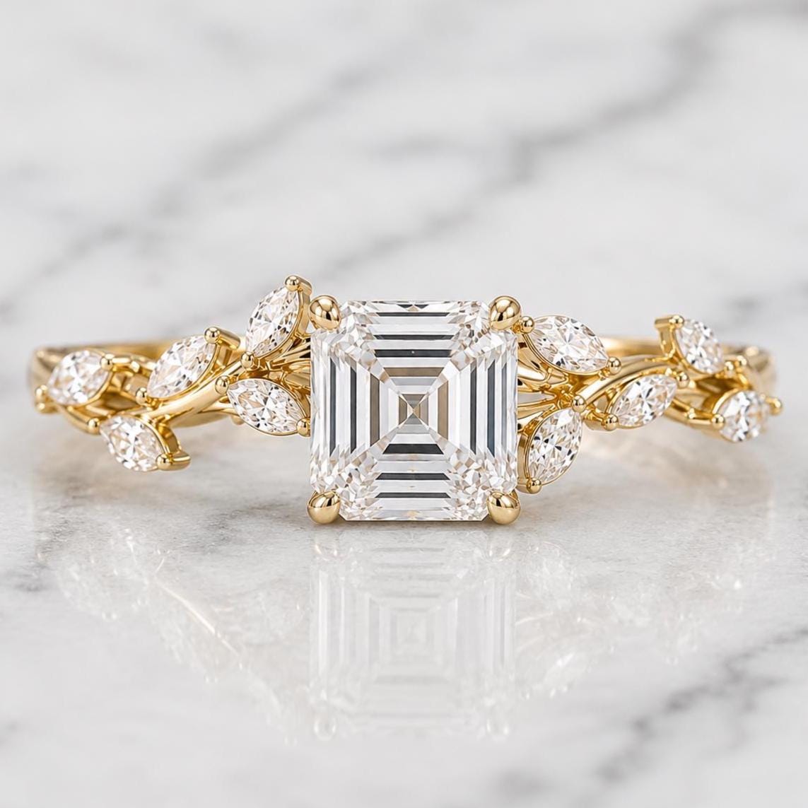 3.5 carat E color VVS2 Clarity IGI CERTIFIED Nature Inspired Asscher Cut Lab Grown Diamond Engagement Ring, Side Marquise 14k White Gold