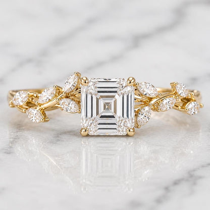 3.5 carat E color VVS2 Clarity IGI CERTIFIED Nature Inspired Asscher Cut Lab Grown Diamond Engagement Ring, Side Marquise 14k White Gold