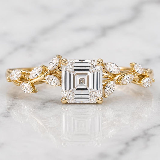 3.5 carat E color VVS2 Clarity IGI CERTIFIED Nature Inspired Asscher Cut Lab Grown Diamond Engagement Ring, Side Marquise 14k White Gold